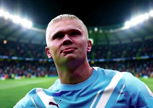 Erling Haaland of Manchester City celebrates a goal, now the most expensive FPL player ever at £15.5 million.
