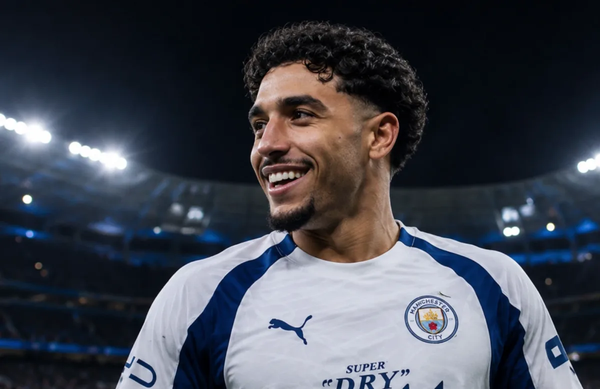 Omar Marmoush in Manchester City kit, set to join Tottenham on loan with obligation to buy.